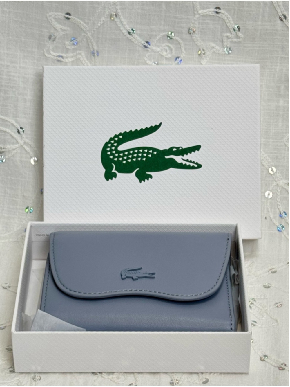 NWT Lacoste Lora RFID Leather Compact Wallet Tradewinds Blue